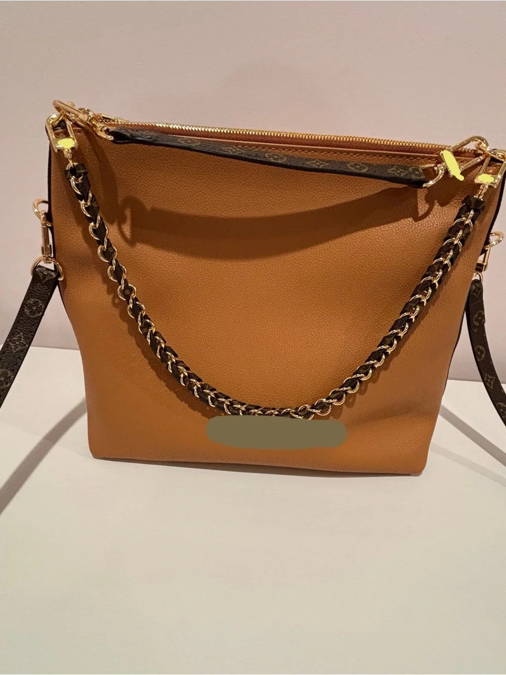 Chain-Accent Crossbody Bag in Tan